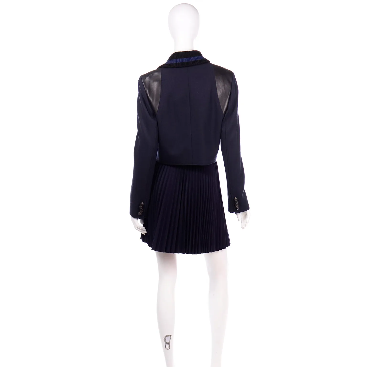 Proenza Schouler Navy Blue 2 Pc Pleated Skirt & Ribbed Jacket Suit