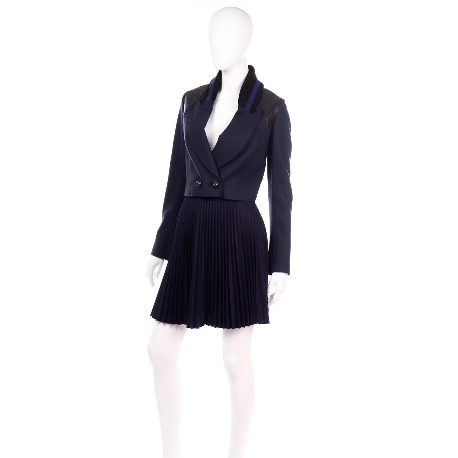 Proenza Schouler Navy Blue 2 Pc Pleated Skirt & Ribbed Jacket Suit