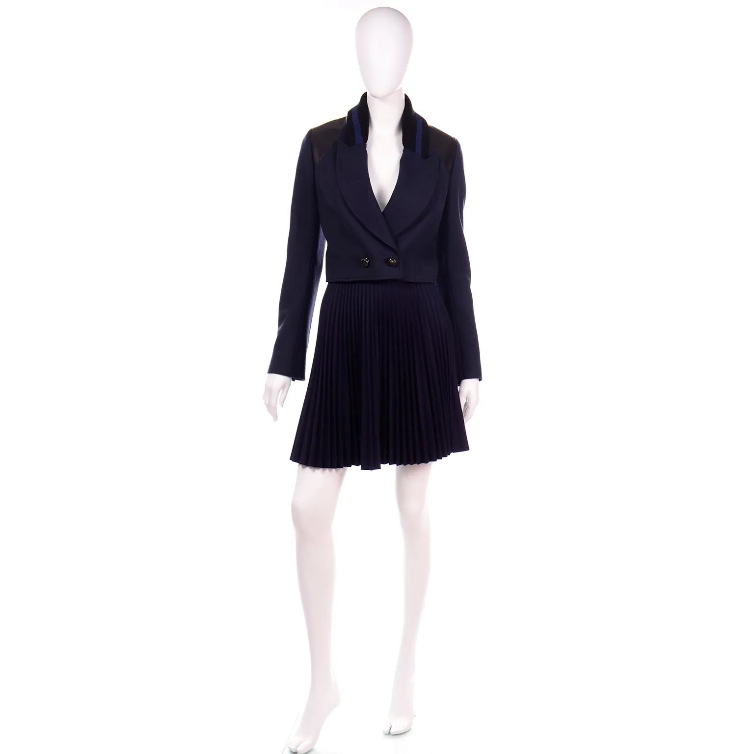 Proenza Schouler Navy Blue 2 Pc Pleated Skirt & Ribbed Jacket Suit