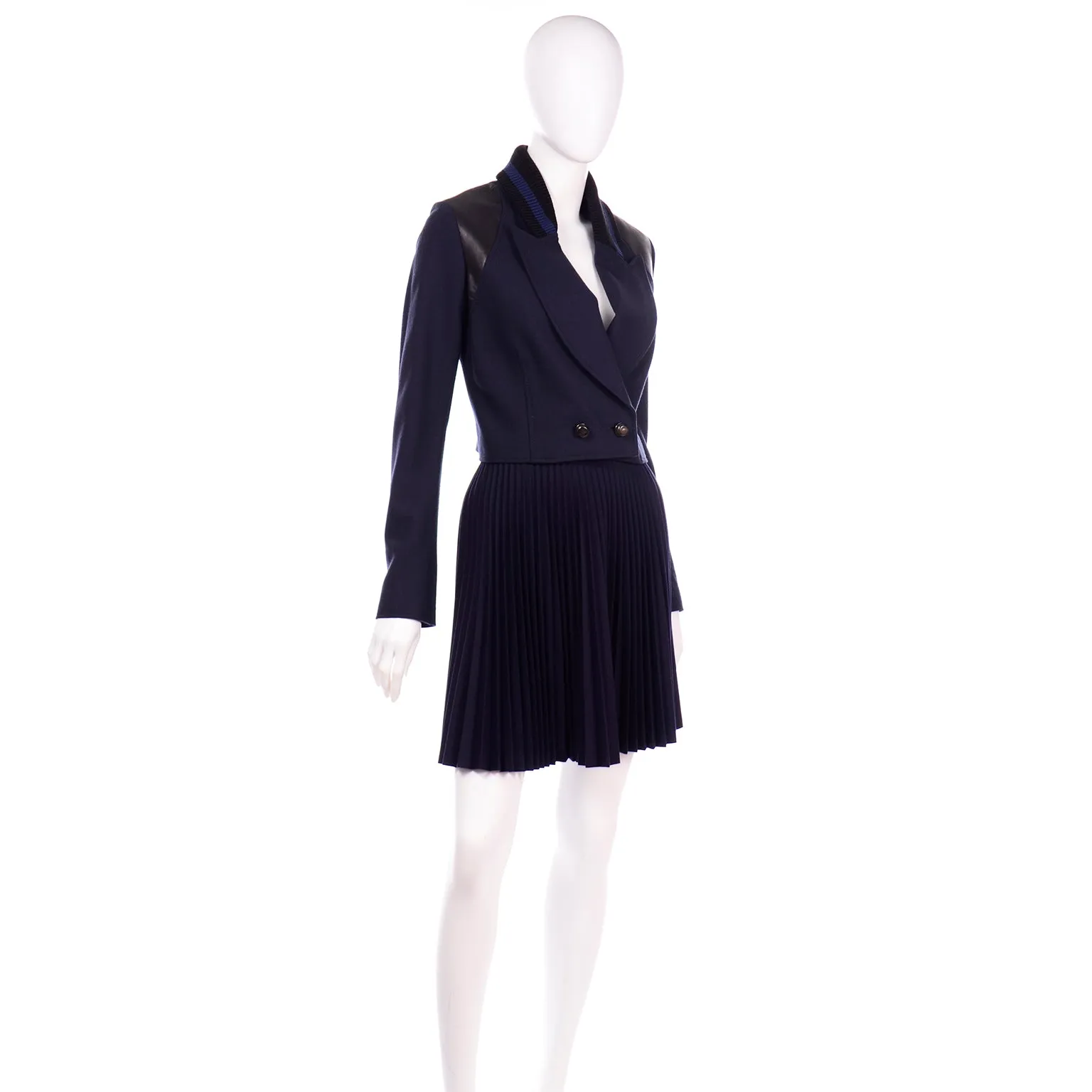 Proenza Schouler Navy Blue 2 Pc Pleated Skirt & Ribbed Jacket Suit