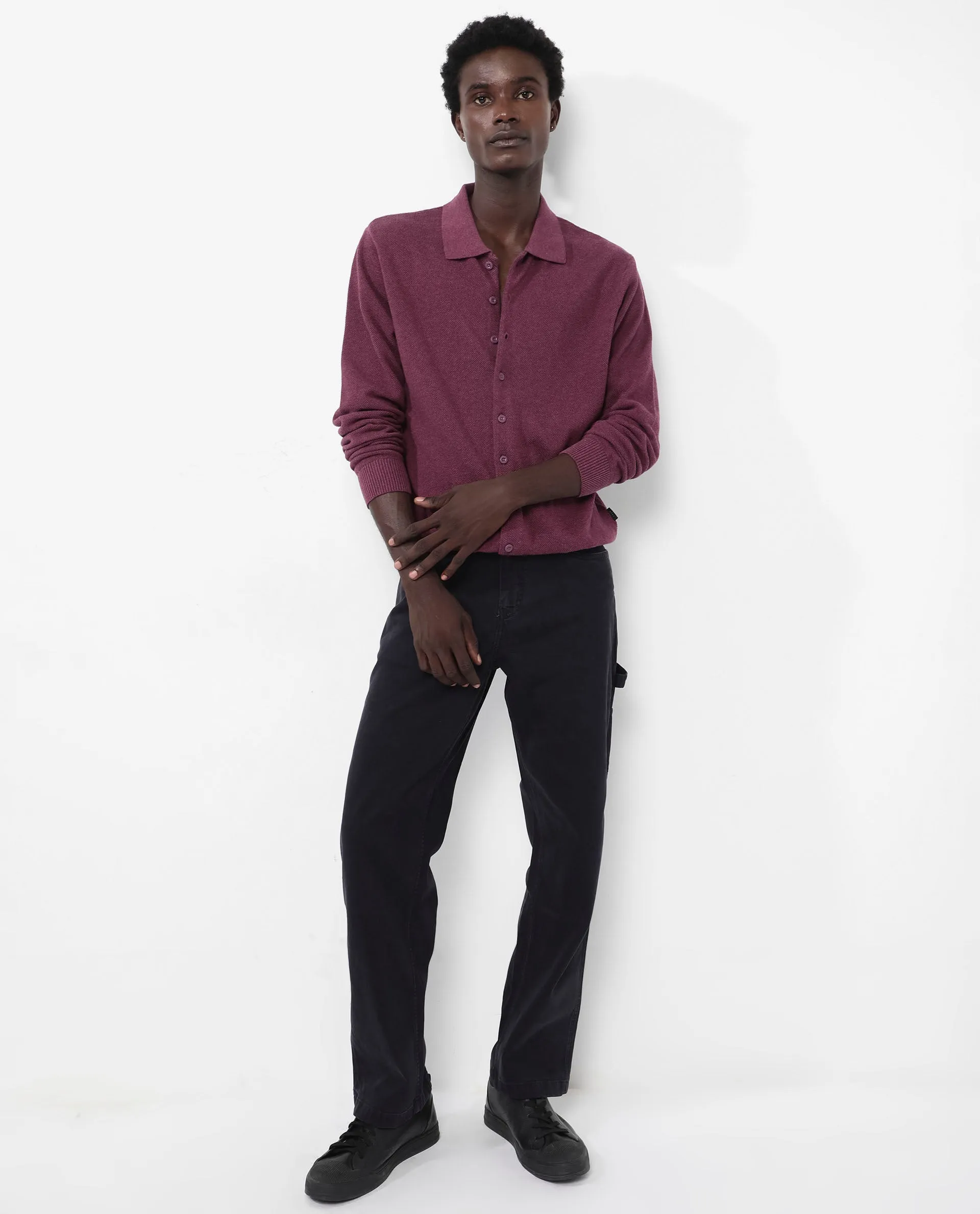 Rare Rabbit Men's Alias-N Dusky Purple Cotton Fabric Full Sleeve Regular Collar Regular Fit Knitted Shirt