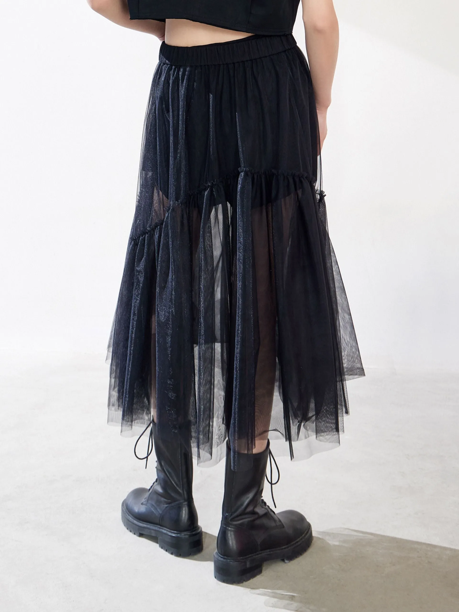 Ruffle Tulle Midi Skirt