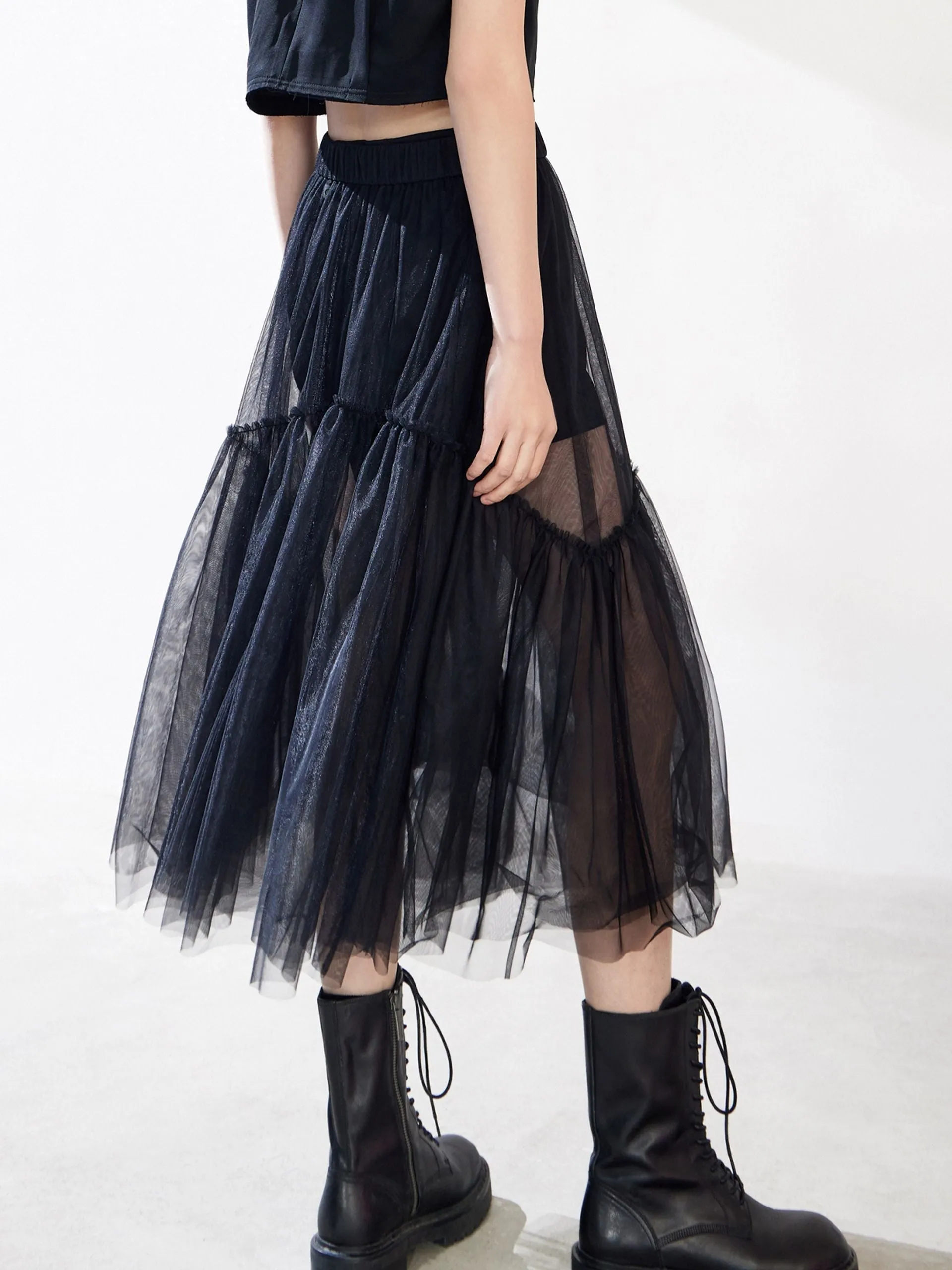 Ruffle Tulle Midi Skirt