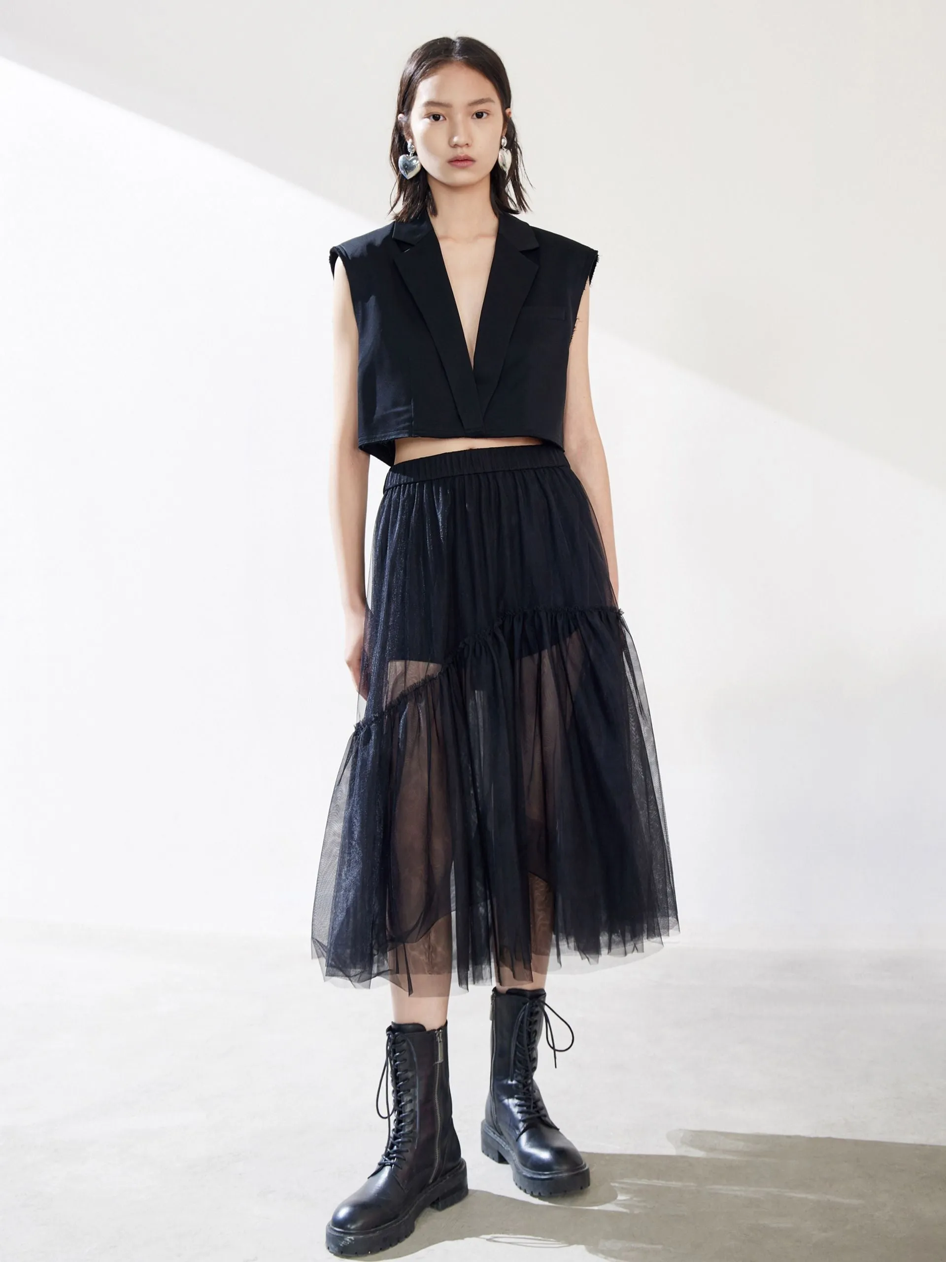Ruffle Tulle Midi Skirt