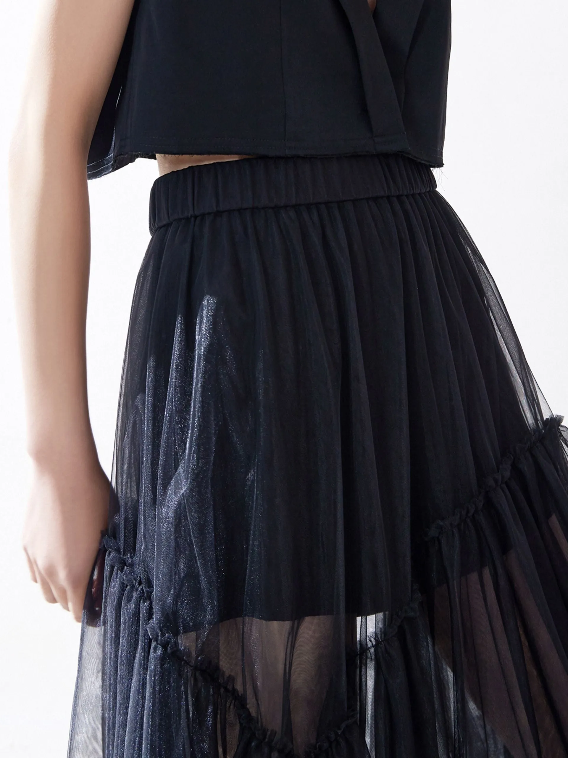 Ruffle Tulle Midi Skirt