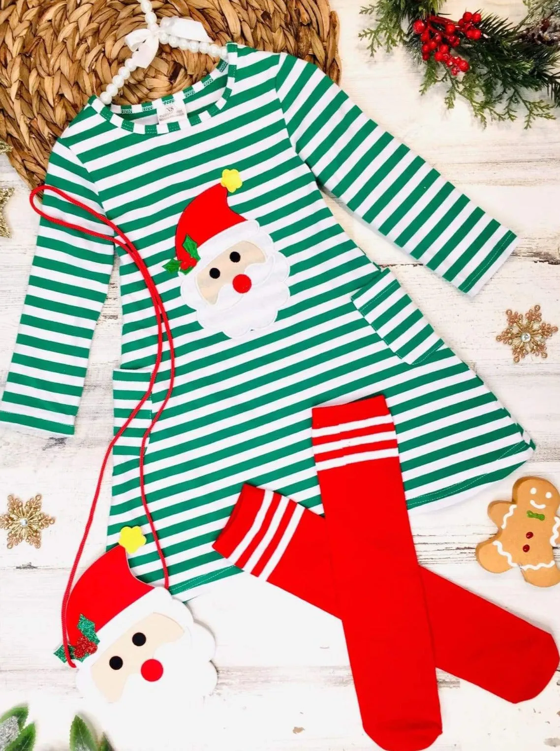 Santa Striped Pocket Dress, Purse And Socks Set