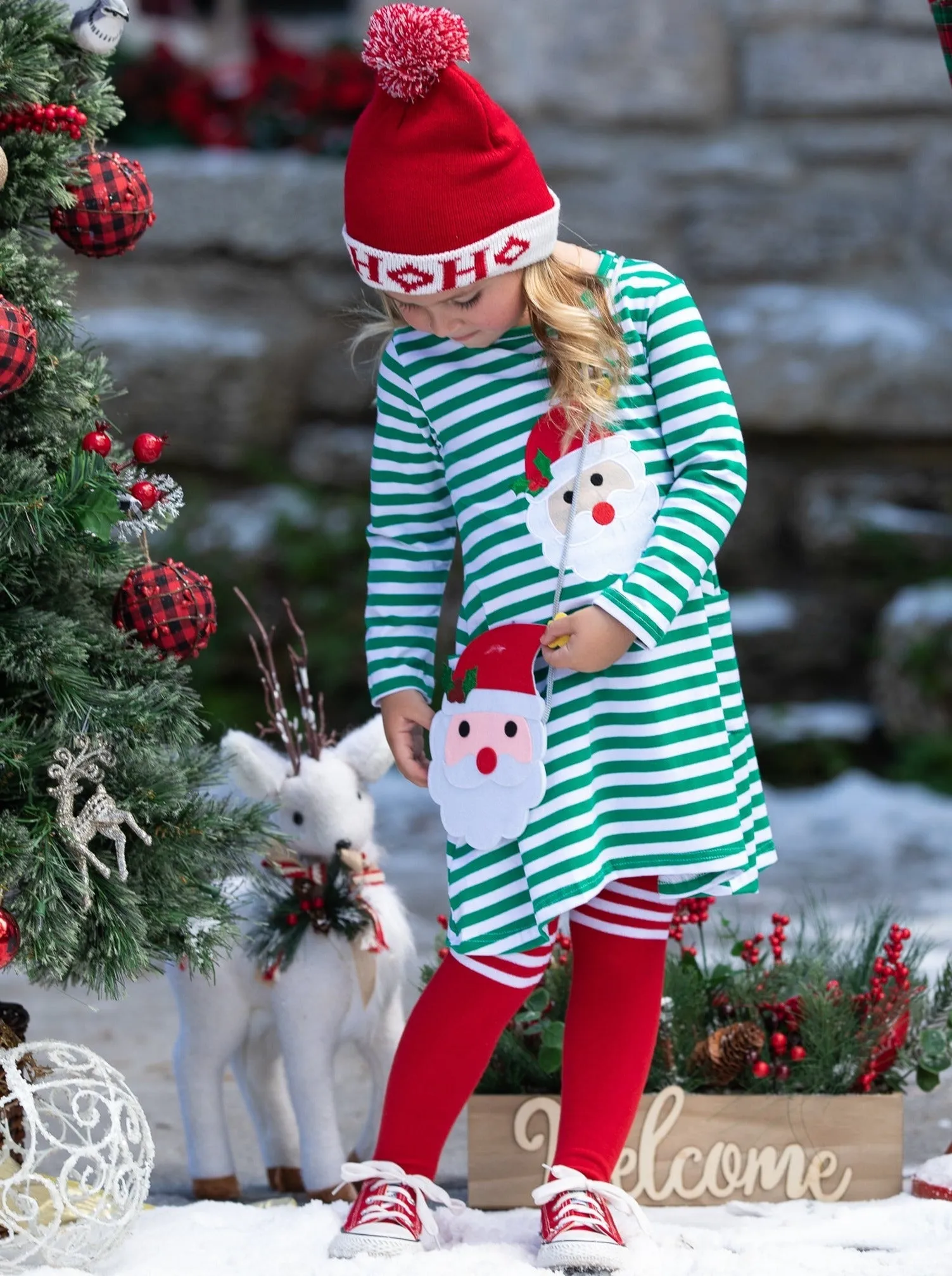 Santa Striped Pocket Dress, Purse And Socks Set