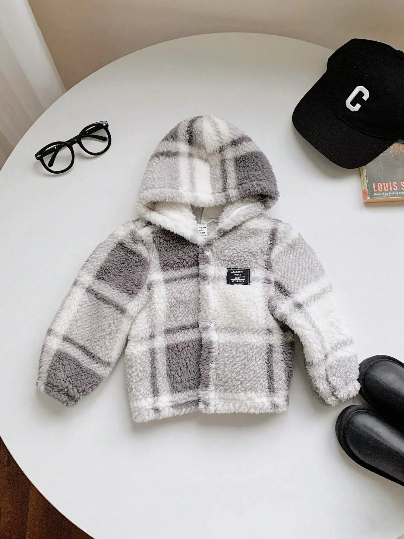 SHEIN Baby Boy/Girl Soft & Comfortable Fleece Patch Print Hooded Jacket, Casual & Warm Windbreaker For Fall & Winter