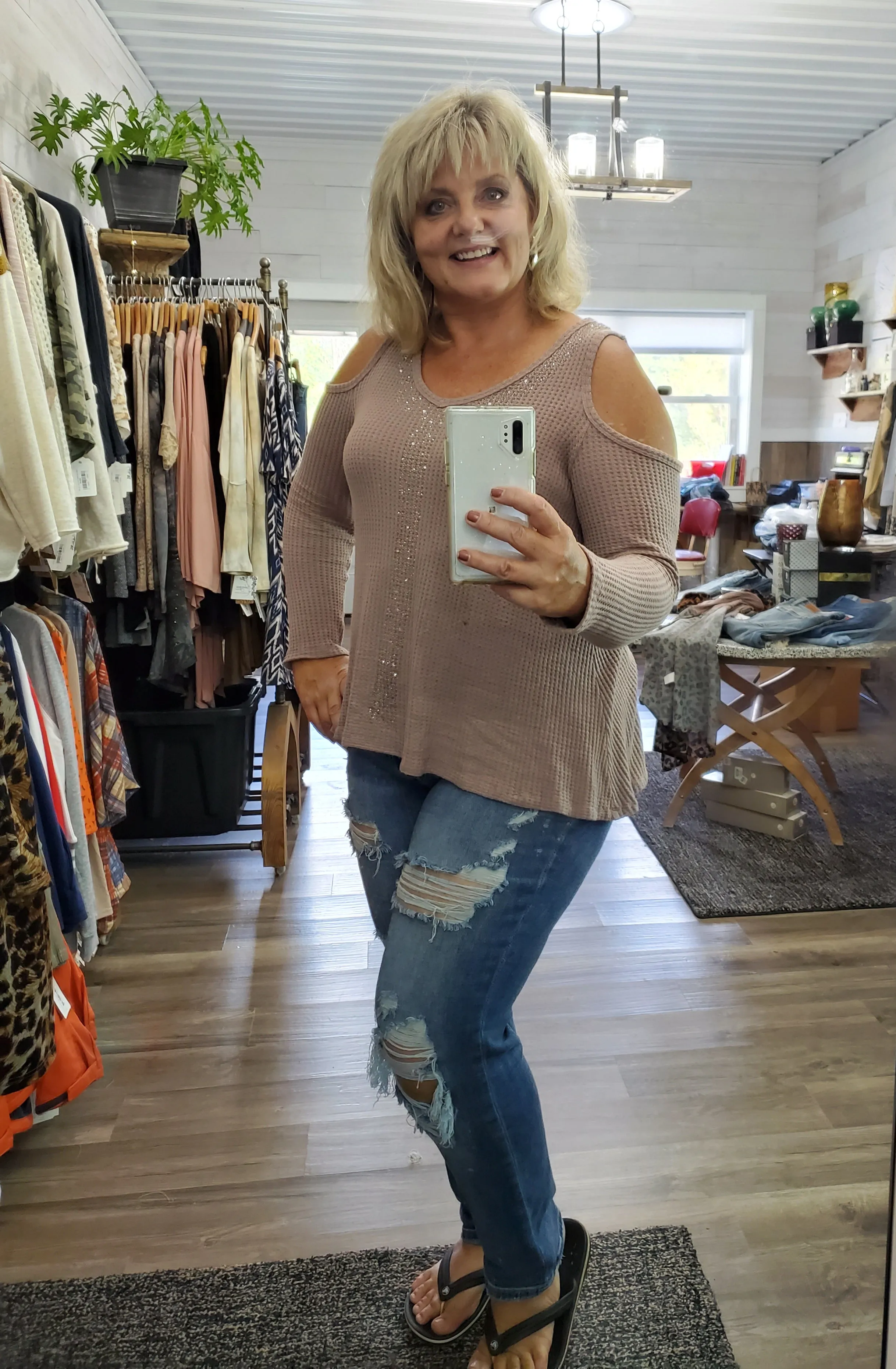Sparkle Y Cold Shoulder Top