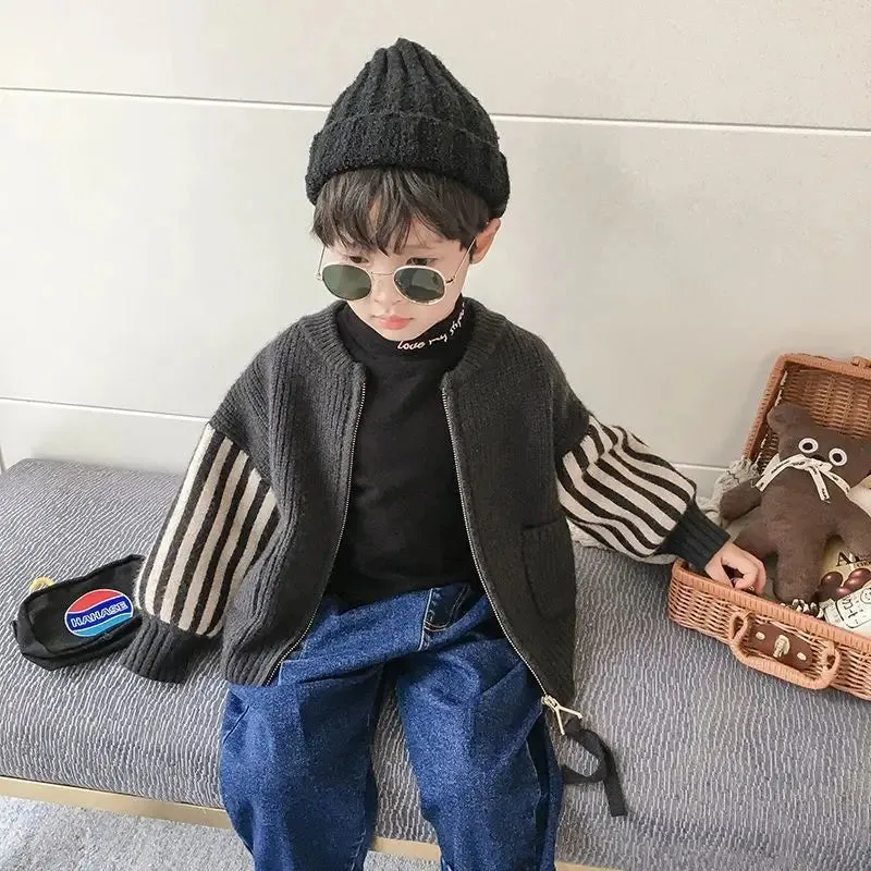 Spring Autumn Patchwork Fashion Stripe Kids Cardigan Harajuku Boy's Tops Loose Casual Outerwear Print Long Sleeve Girls Sweater