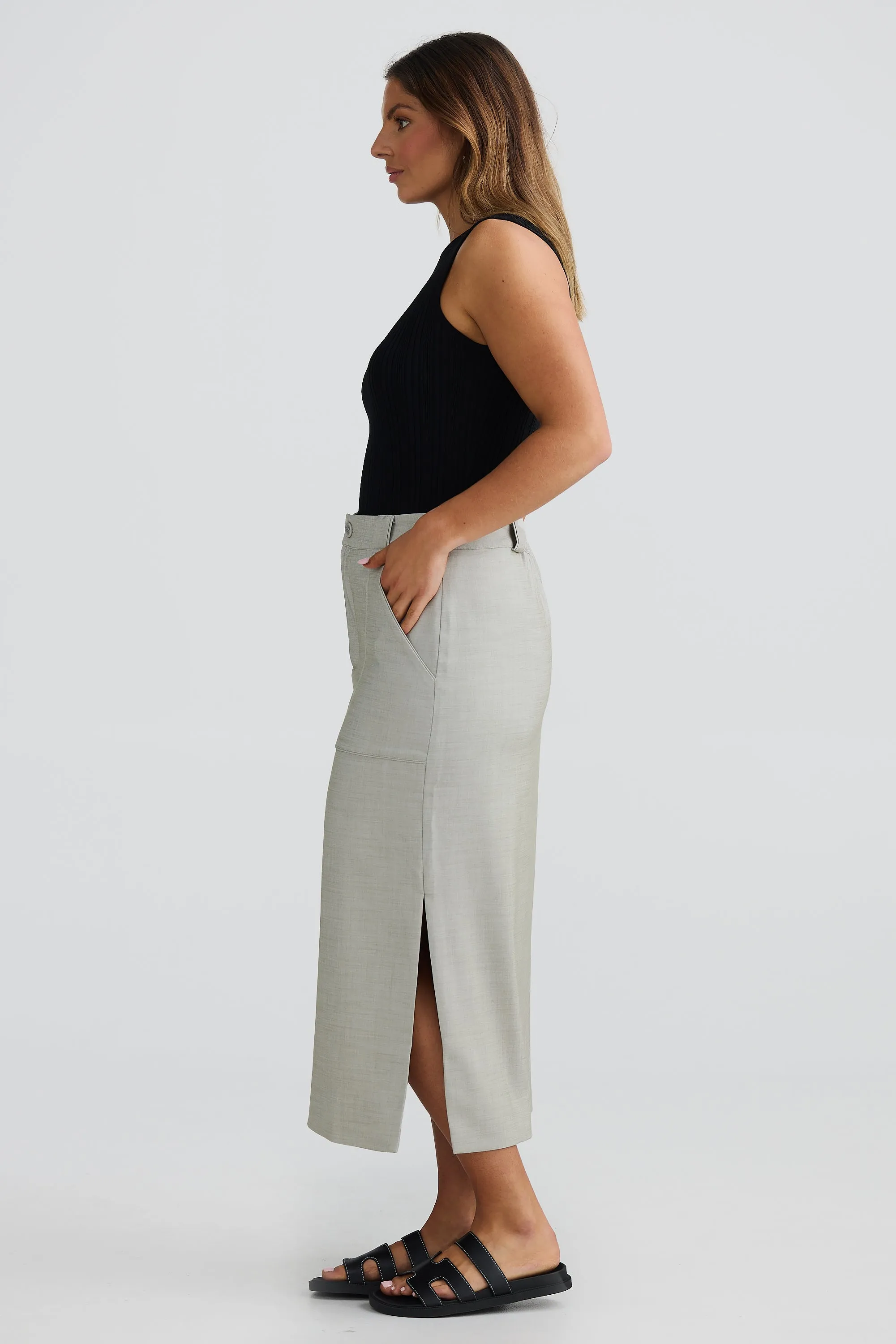 Straight Pocket Midi Skirt - Stone