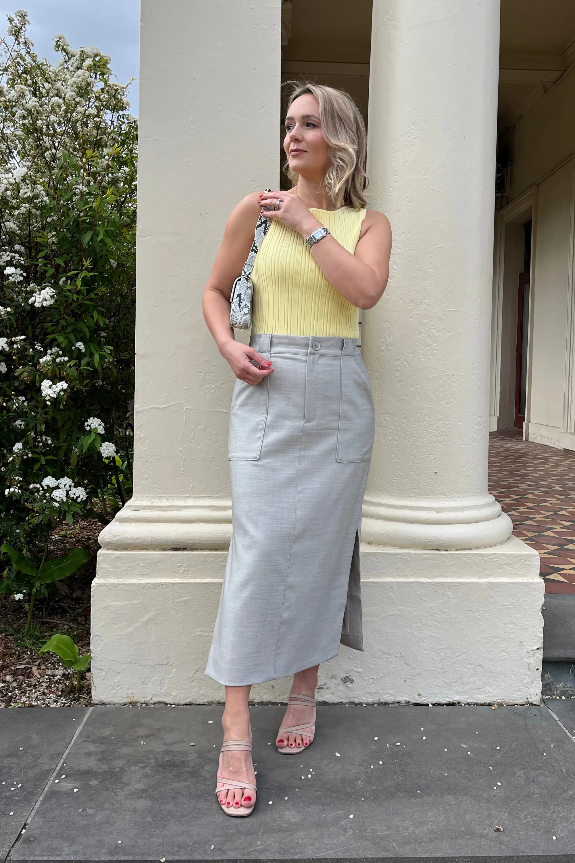Straight Pocket Midi Skirt - Stone