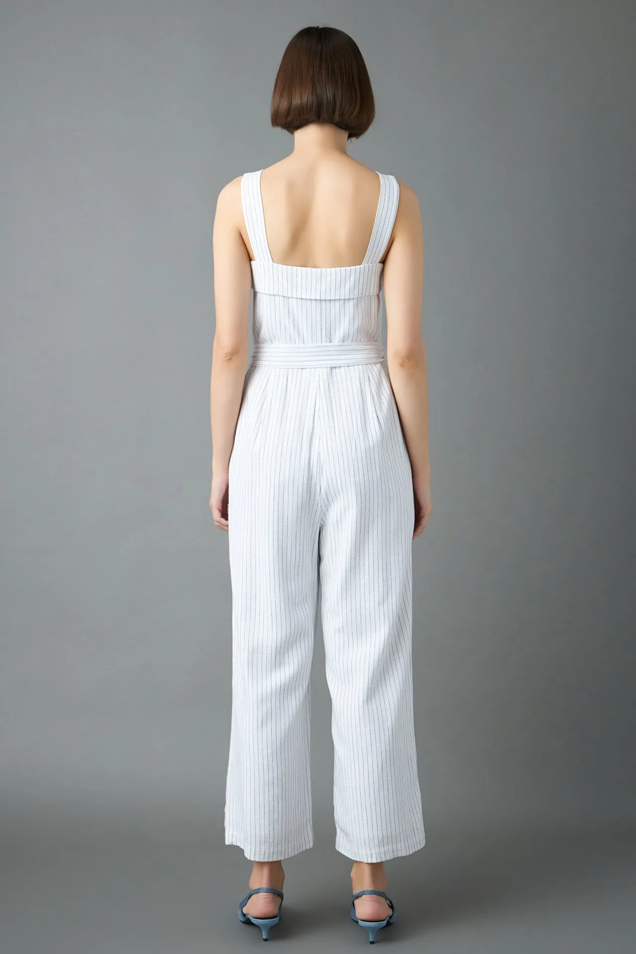Striped Linen Jumpsuit with Wooden Buttons