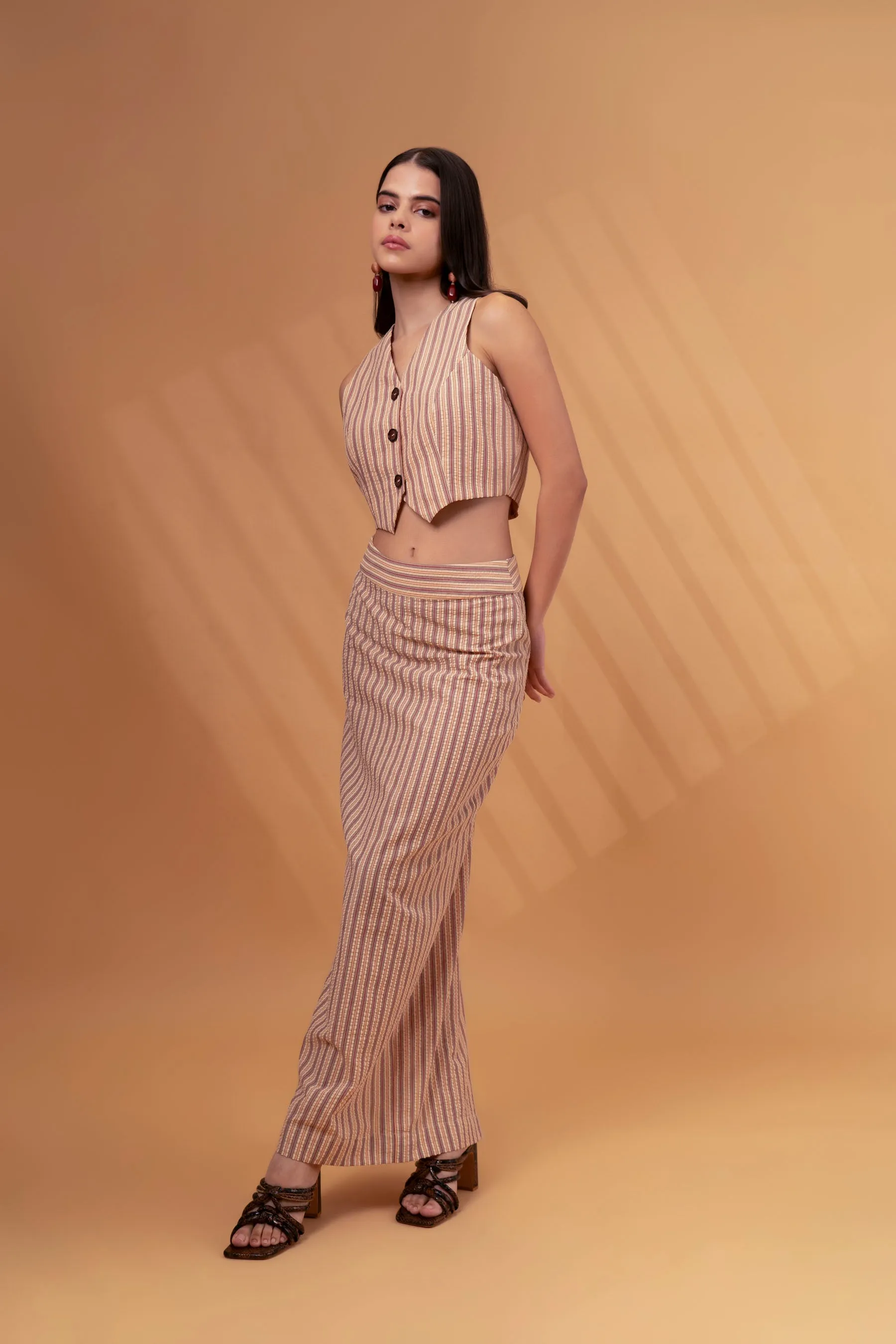 Striped Linen Short Vest With Straight Fit Maxi Skirt Co-ord