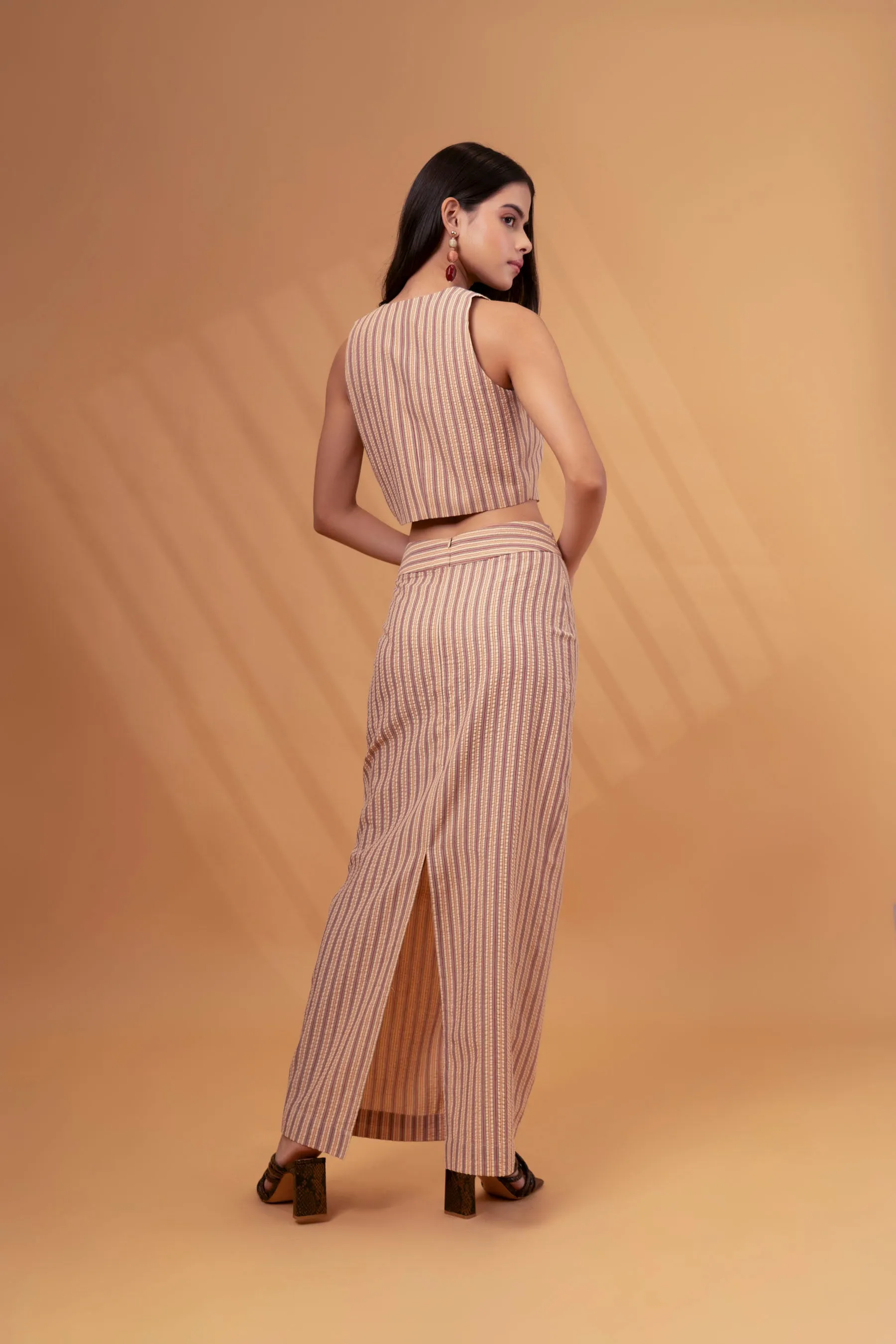 Striped Linen Short Vest With Straight Fit Maxi Skirt Co-ord