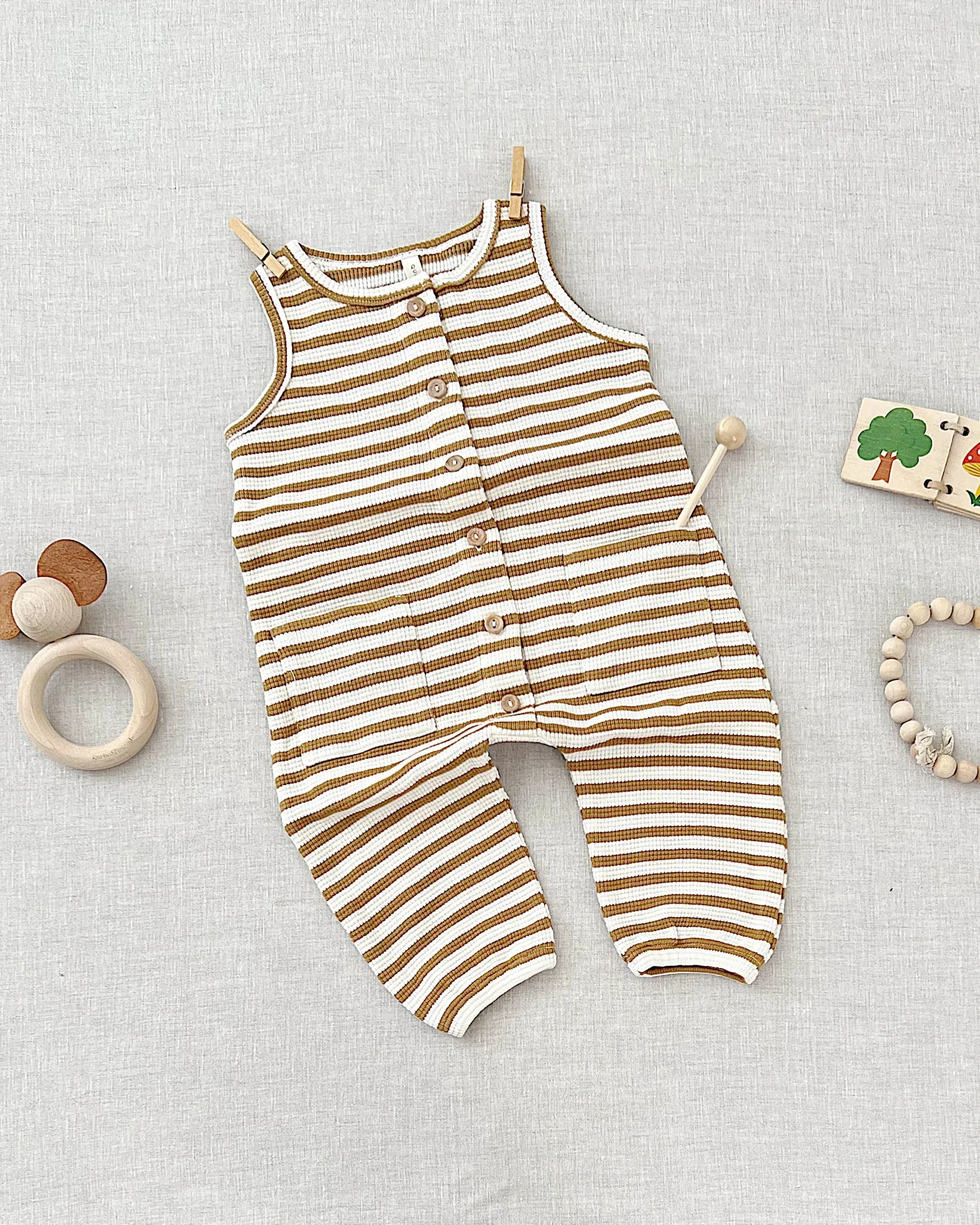 The Waffle Sleeveless Jumpsuit - Ocre Stripe