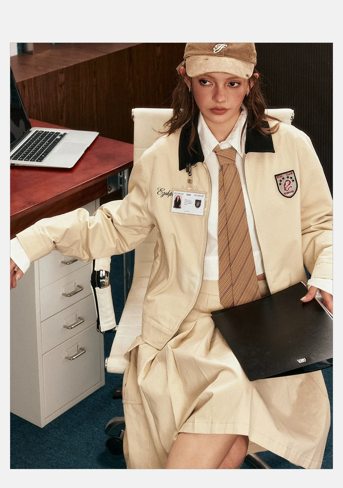 Tom Contrast Collar Zipped Jacket & Pleated Skirt Set