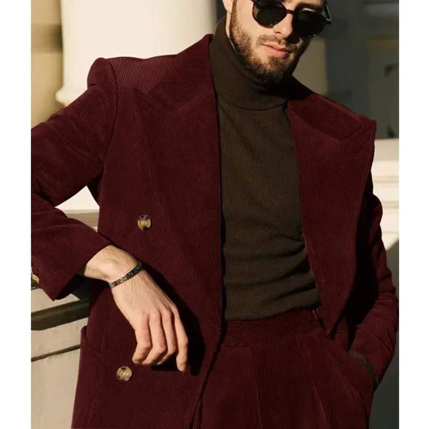 Wiaofellas  -  Men's Suit Corduroy 2 Pieces Groomsman Party Hallowen Costume Fashionable Casual Comfortable Work Wear Man Pant Sets