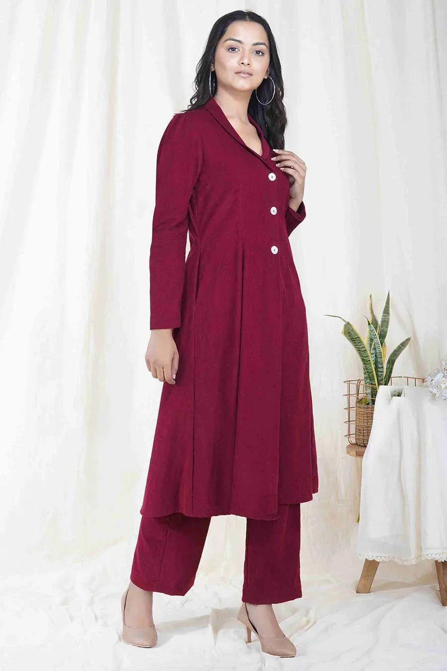 Wine Red Jacket & Pant Co-ord Set
