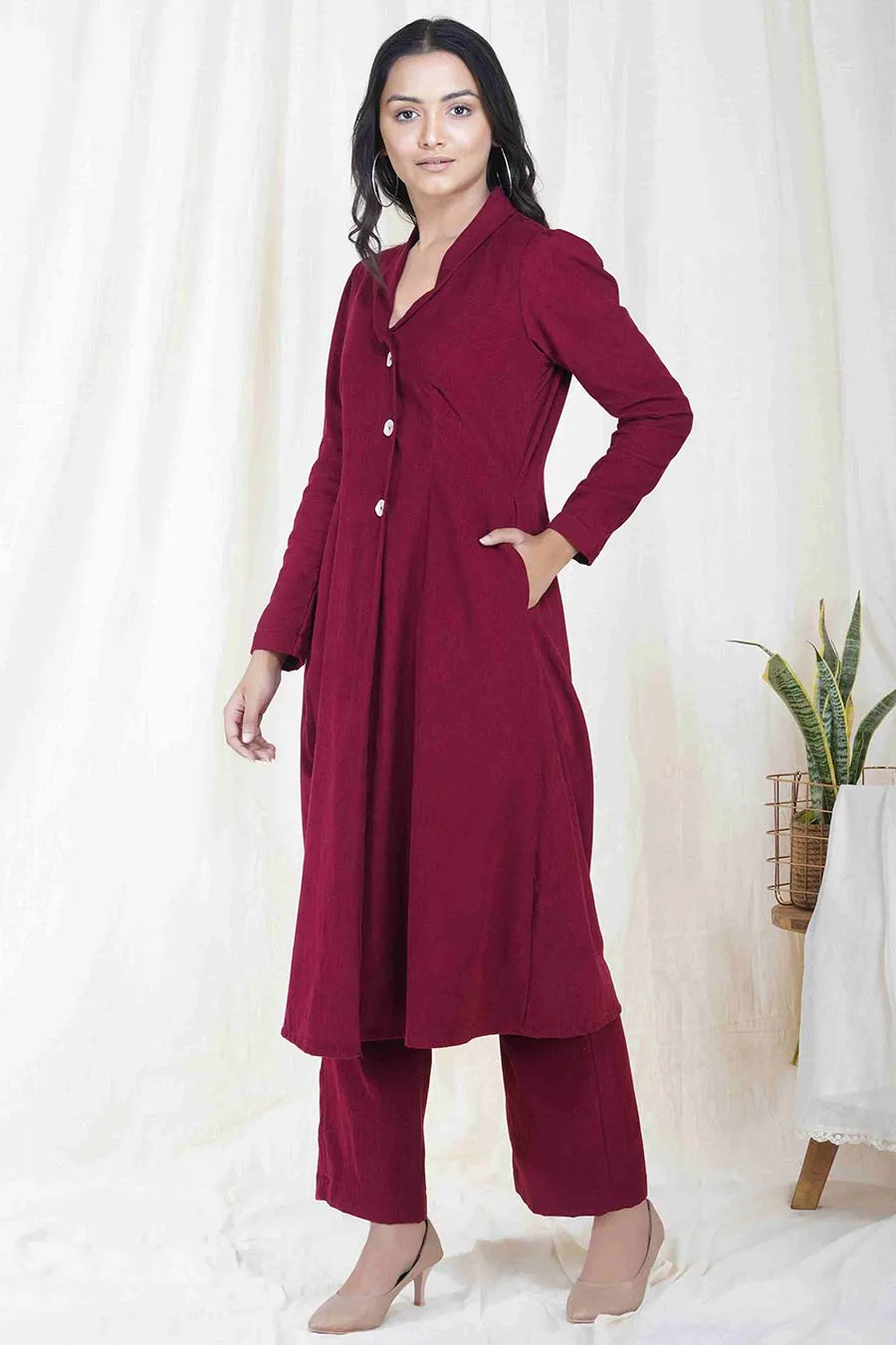 Wine Red Jacket & Pant Co-ord Set